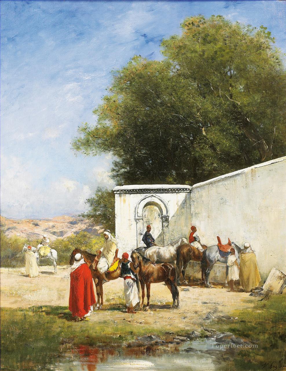 CHEVAUX a ABREUVOIR Victor Huguet Orientalist Oil Paintings